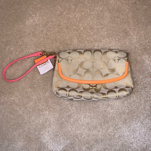 Coach Handbags - COACH Light Khaki/Coral Wristlet